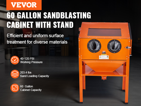 VEVOR 60 gallon sandblasting cabinet with stand for efficient surface treatment, 203.4 lbs capacity.