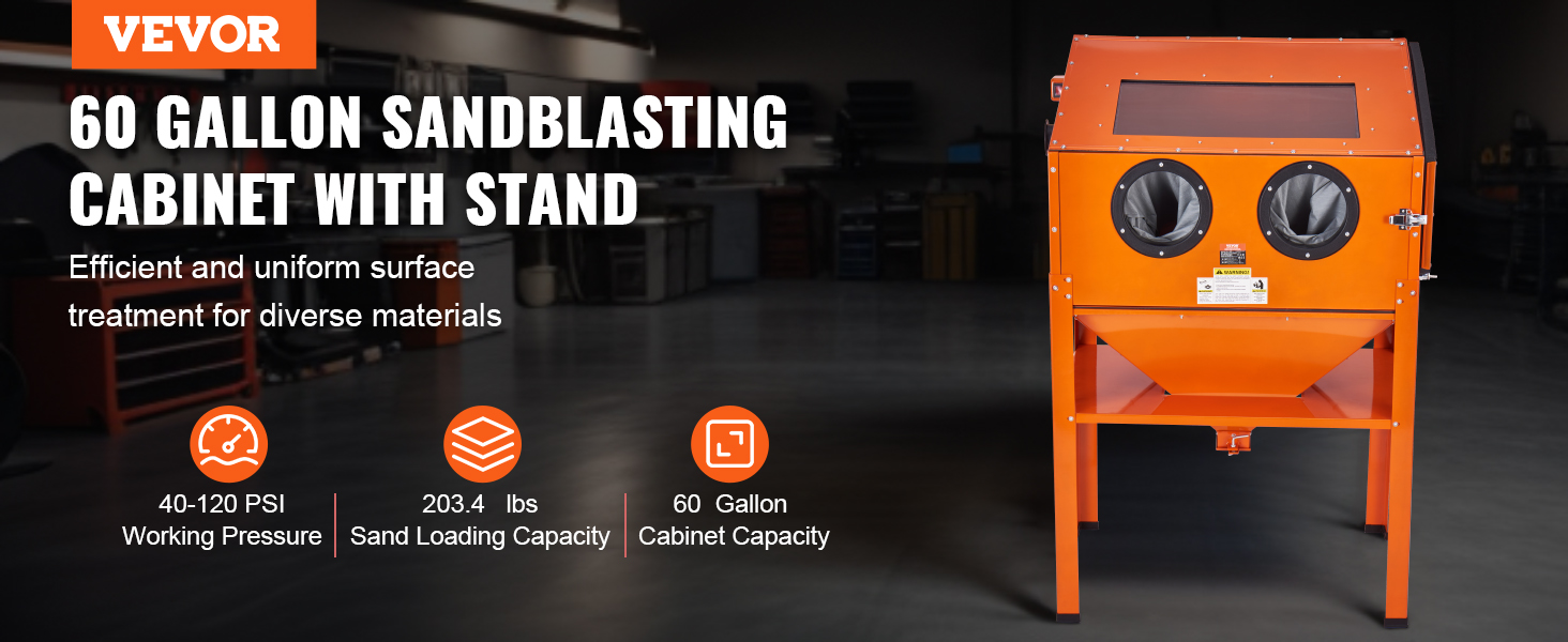 VEVOR 60 gallon sandblasting cabinet with stand for efficient surface treatment, 203.4 lbs capacity.