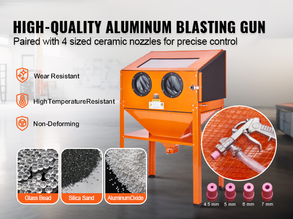 VEVOR sandblasting cabinet with a high-quality aluminum blasting gun, four ceramic nozzles, and sample materials.