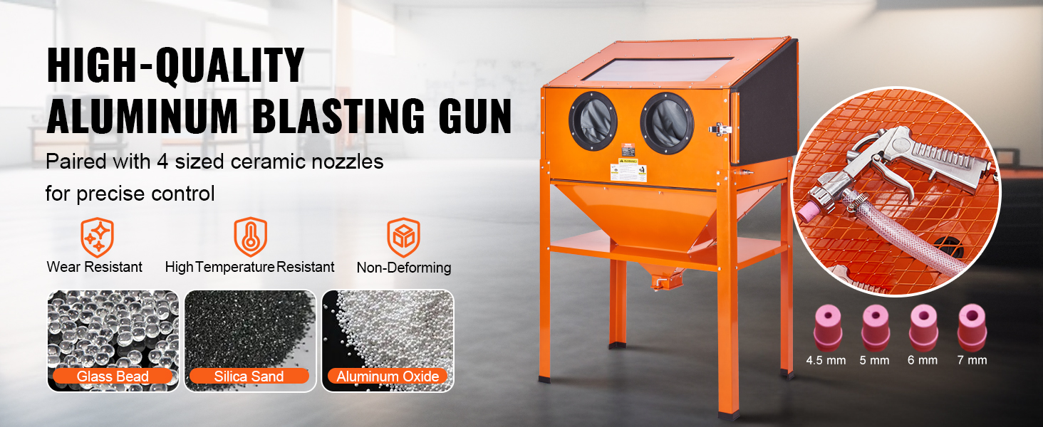 VEVOR sandblasting cabinet with a high-quality aluminum blasting gun, four ceramic nozzles, and sample materials.