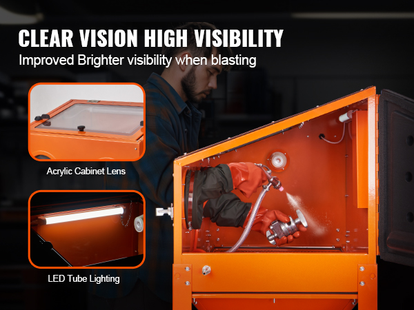 VEVOR sandblasting cabinet with acrylic cabinet lens and led tube lighting for high visibility.