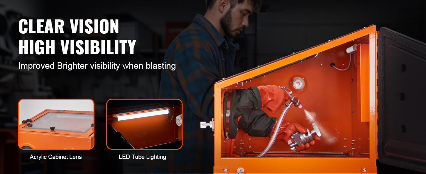 VEVOR sandblasting cabinet with acrylic cabinet lens and led tube lighting for high visibility.