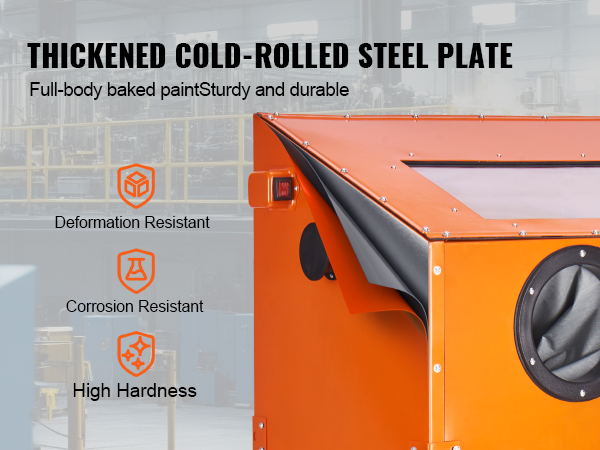 orange VEVOR sandblasting cabinet made of thickened cold-rolled steel plate, durable in an industrial setting.