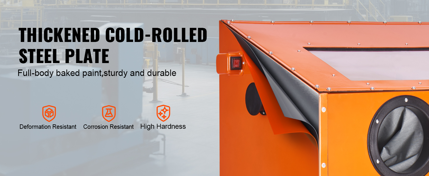 orange VEVOR sandblasting cabinet made of thickened cold-rolled steel plate, durable in an industrial setting.