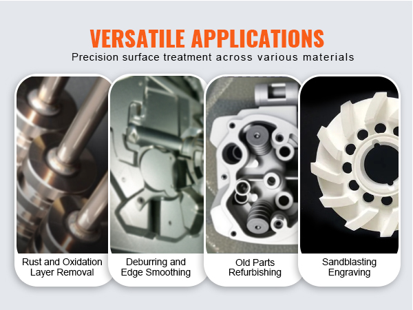 versatile applications of VEVOR sandblasting cabinet: rust removal, deburring, parts refurbishing, engraving.