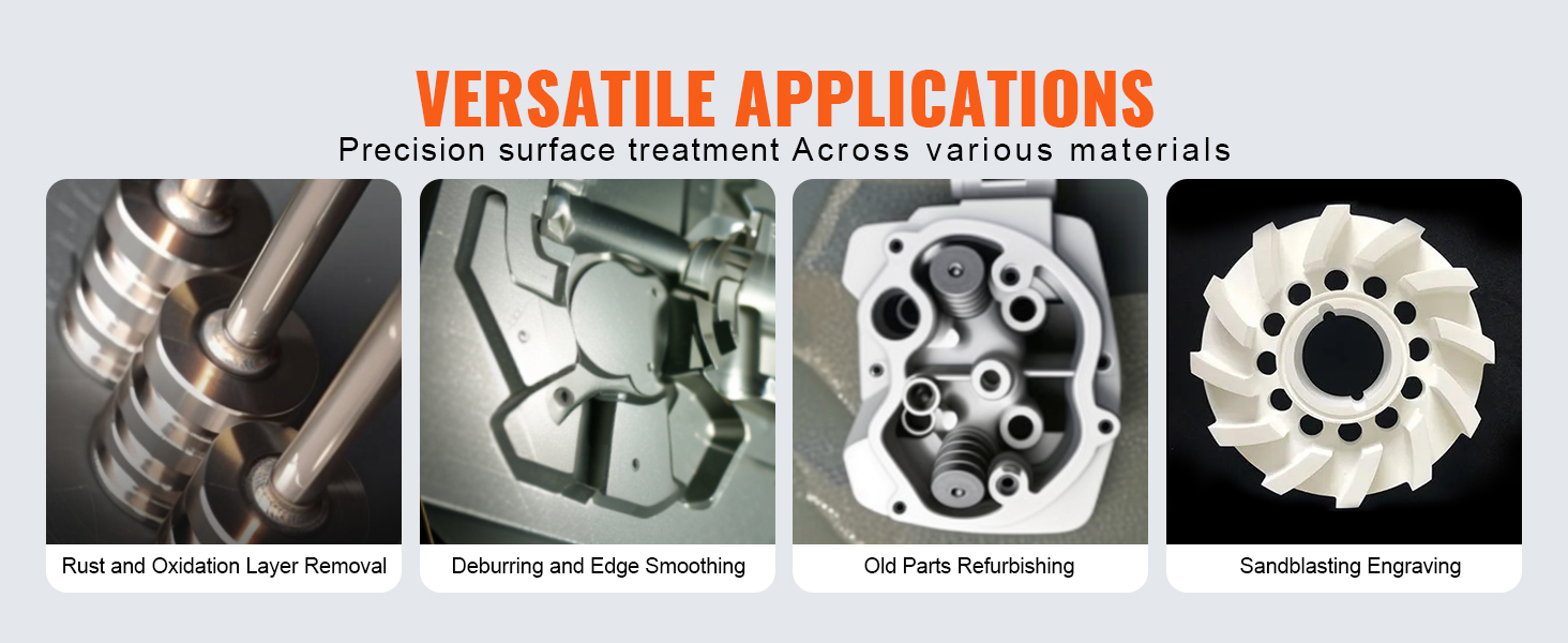 versatile applications of VEVOR sandblasting cabinet: rust removal, deburring, parts refurbishing, engraving.
