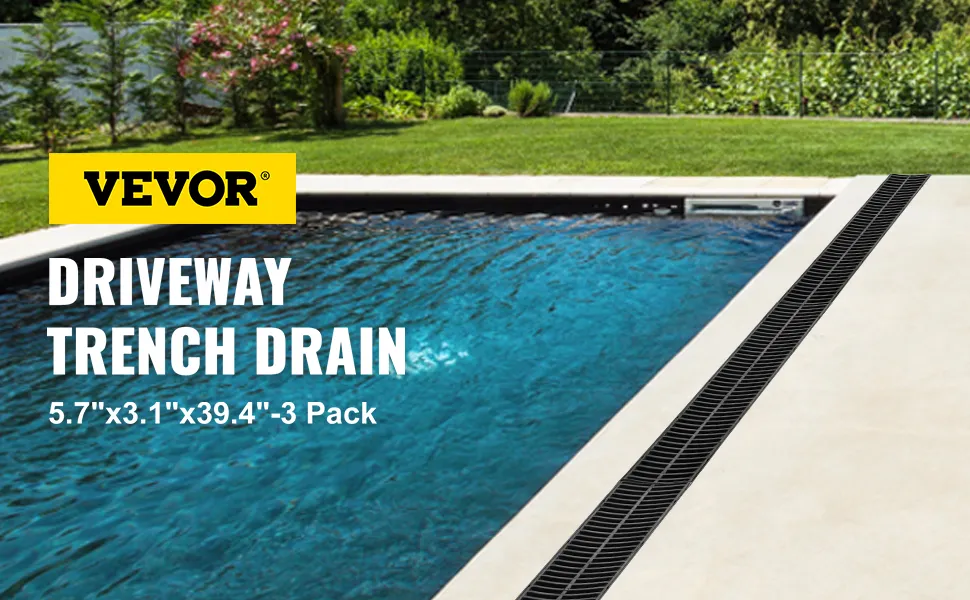 VEVOR trench drain system alongside pool in lush backyard setting.