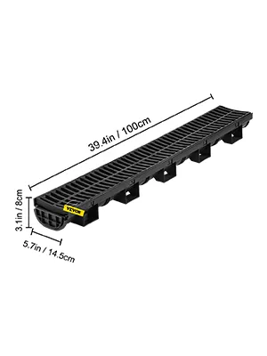 VEVOR trench drain system, 39.4in long, black with labeled dimensions.