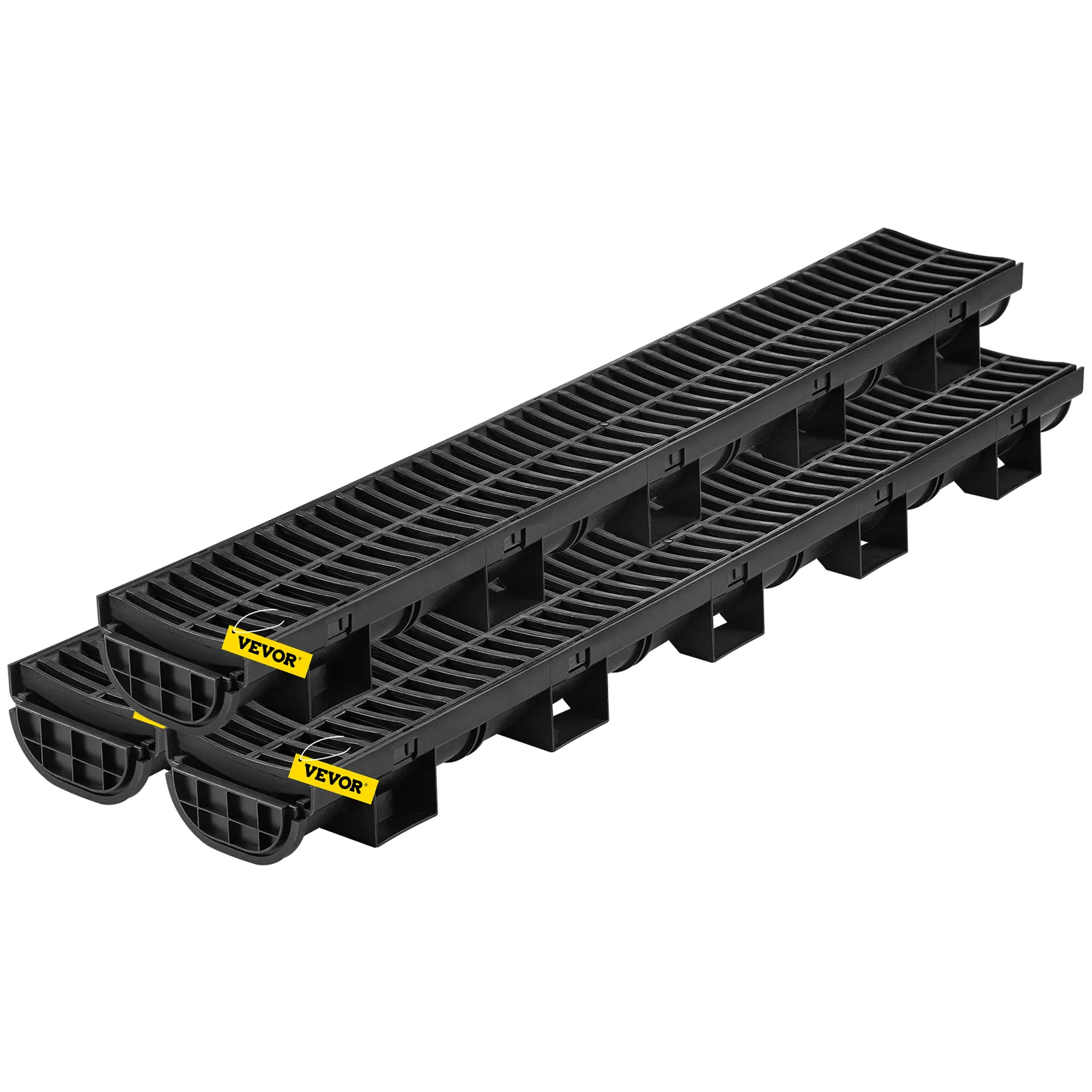VEVOR trench drain system in black with yellow labels stacked together.
