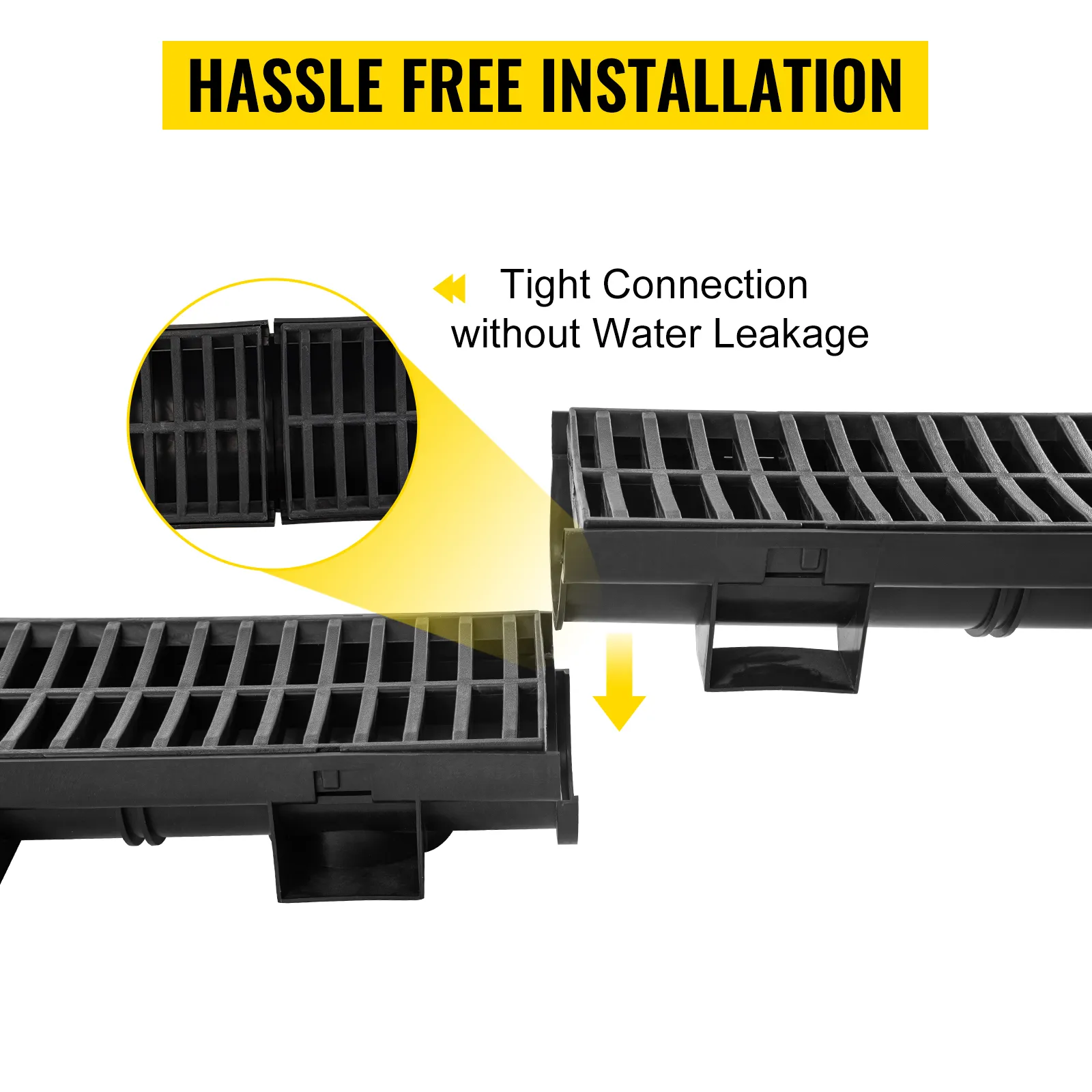 VEVOR trench drain system showcases tight connection ensuring no water leakage. hassle-free setup.