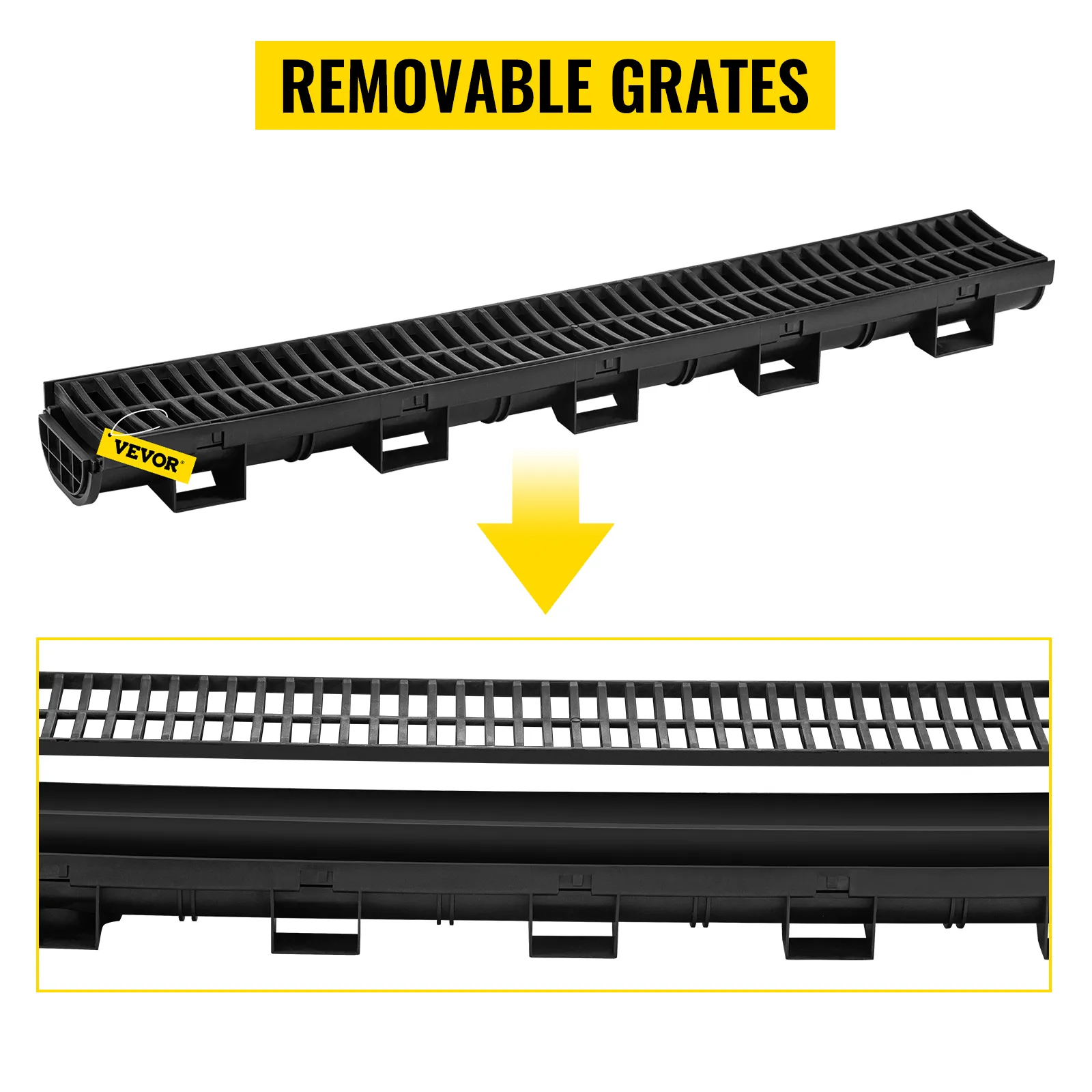 VEVOR trench drain system with removable grates and black plastic construction.