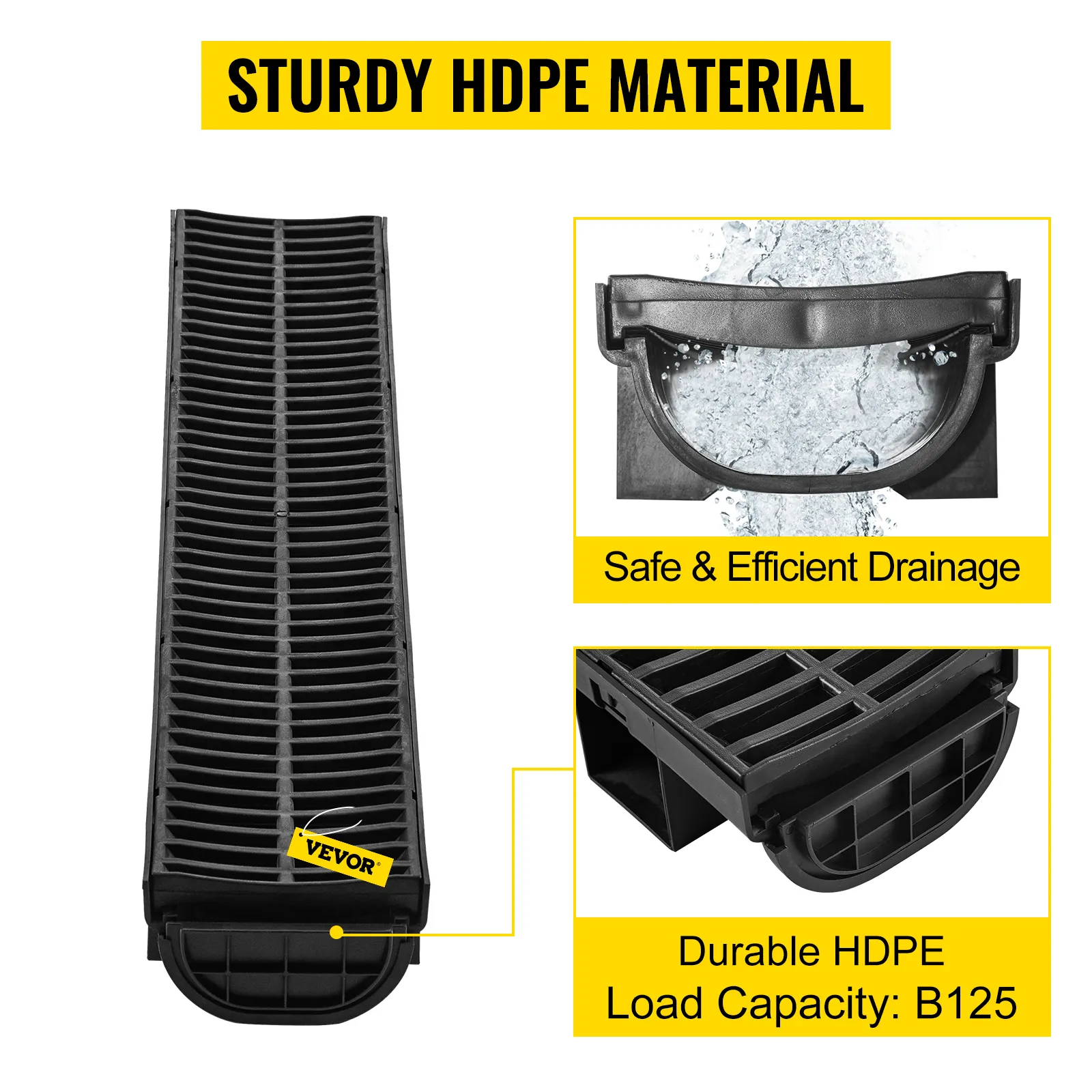 VEVOR trench drain system, durable hdpe material, safe and efficient drainage.