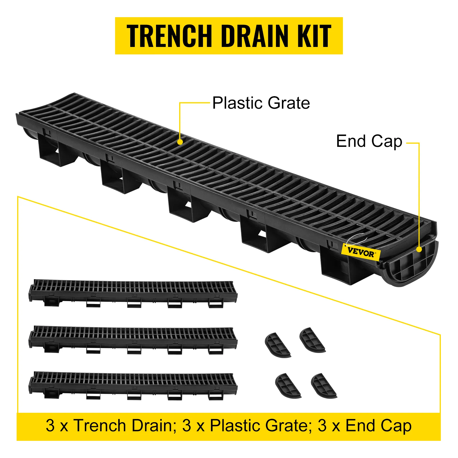 VEVOR trench drain system with plastic grates and end caps, complete kit shown.