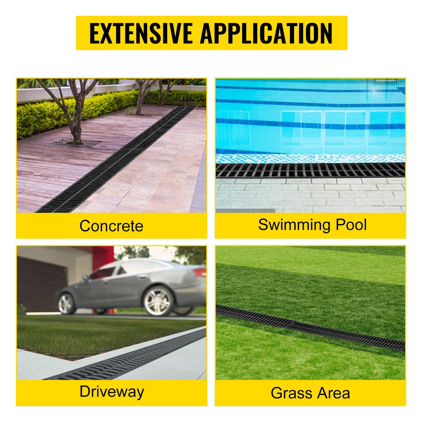 VEVOR trench drain system for concrete, swimming pool, driveway, and grass area.