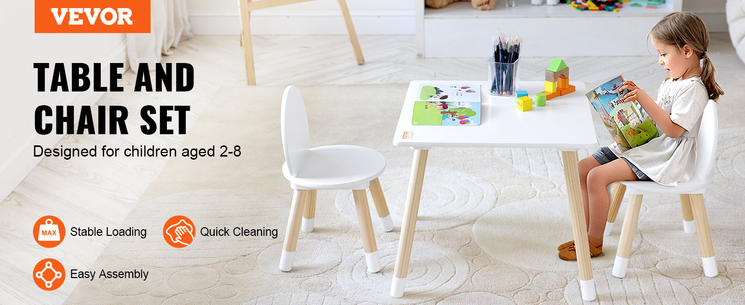 VEVOR kids table set with durable wooden legs, child reading, and vibrant toys on a white table.