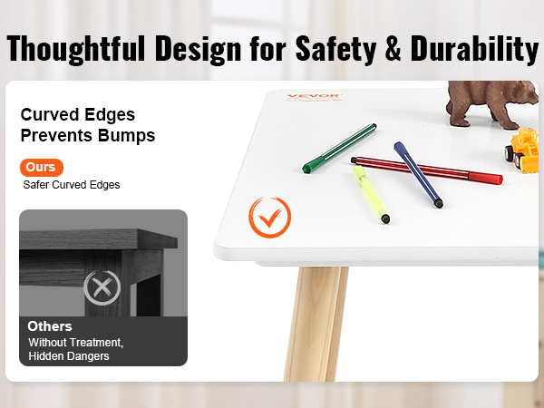 curved edges on the white VEVOR kids table set for safety, with toys and markers on the tabletop.