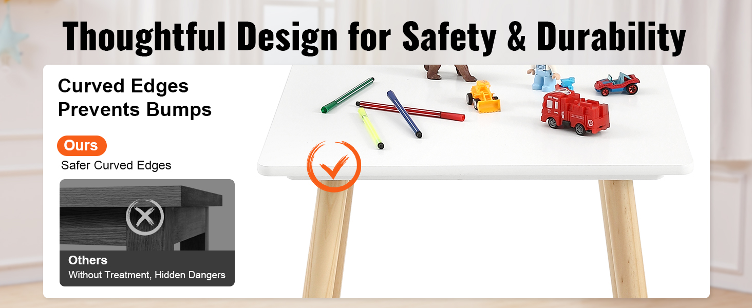 curved edges on the white VEVOR kids table set for safety, with toys and markers on the tabletop.
