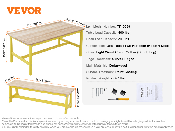 VEVOR kids table and bench set specifications with dimensions, weight, material, and load capacity.