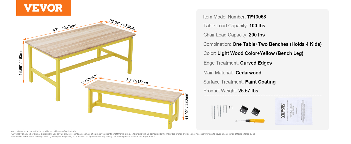 VEVOR kids table and bench set specifications with dimensions, weight, material, and load capacity.