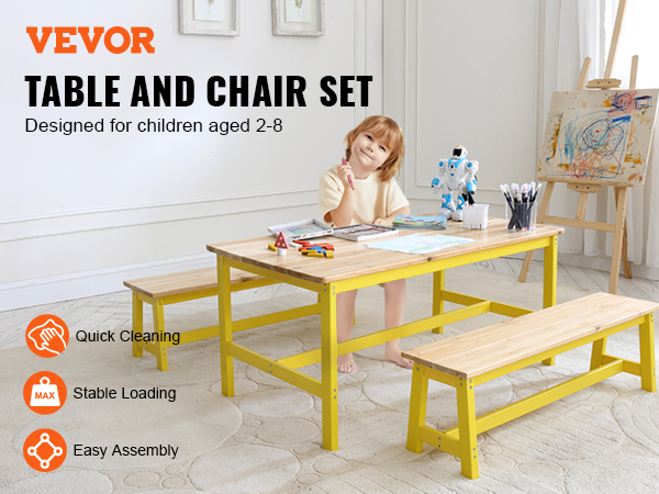 VEVOR kids table and bench set designed for children aged 2-8 with easy assembly, stable loading, and quick cleaning.