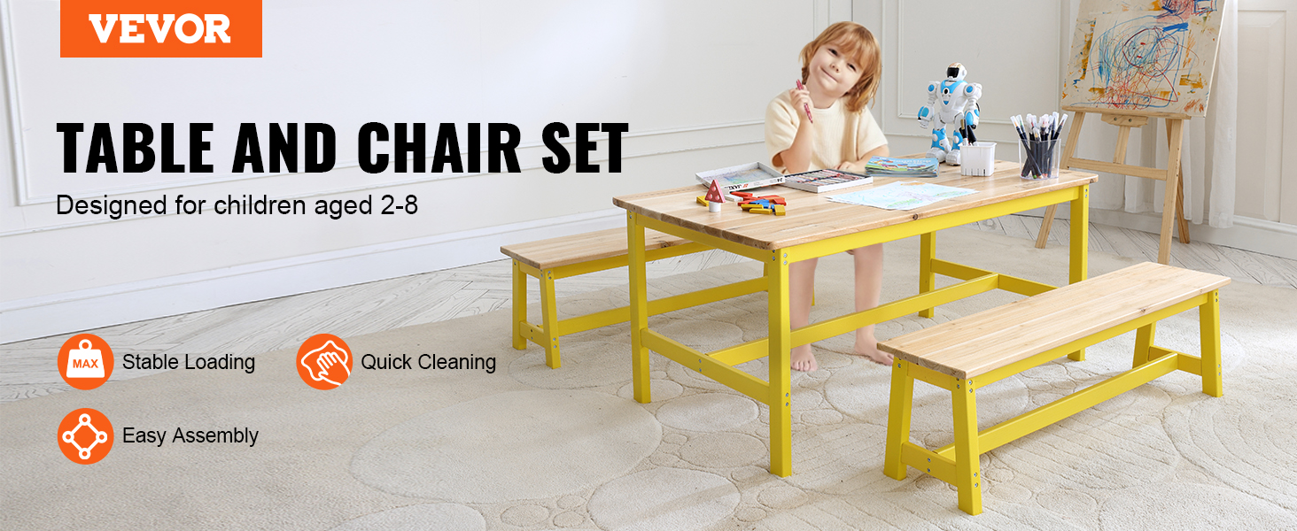 VEVOR kids table and bench set designed for children aged 2-8 with easy assembly, stable loading, and quick cleaning.