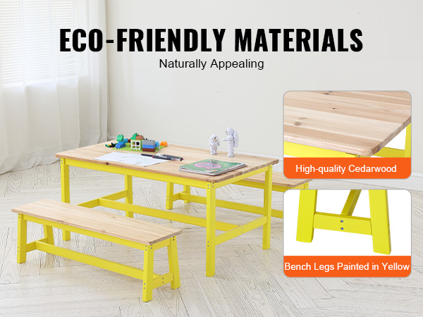 VEVOR kids table and bench set made from cedarwood with yellow-painted legs in a bright room.