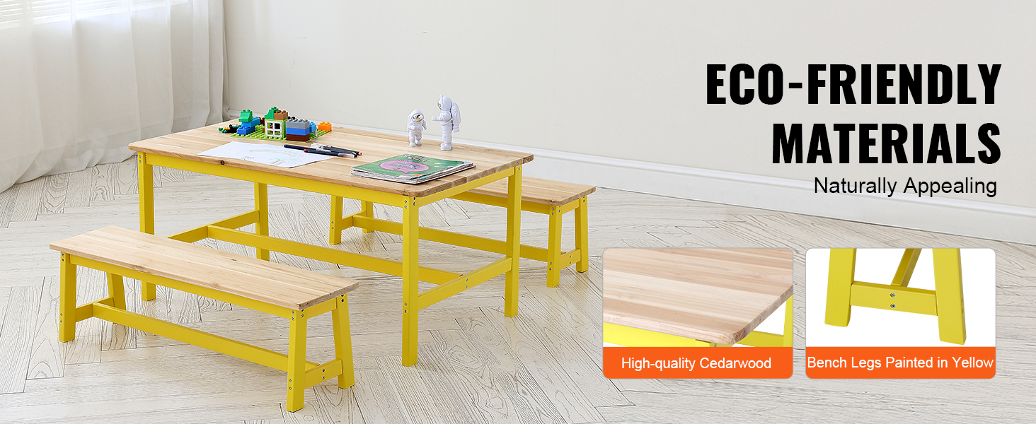 VEVOR kids table and bench set made from cedarwood with yellow-painted legs in a bright room.
