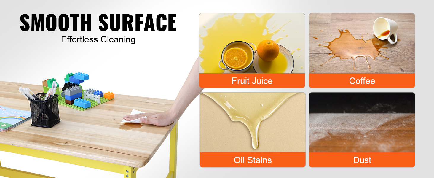 VEVOR kids table and bench set with smooth surface for easy cleaning of fruit juice, coffee, oil stains, and dust.