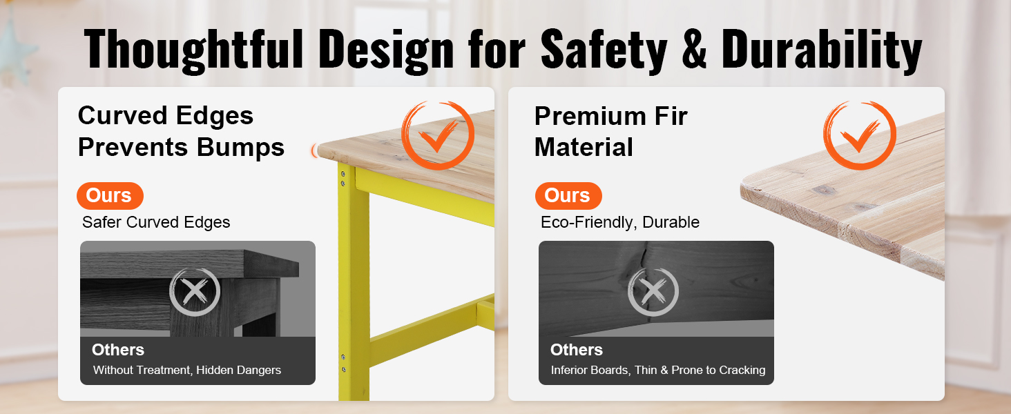 curved edges and premium fir material of VEVOR kids table and bench set ensure safety and durability.