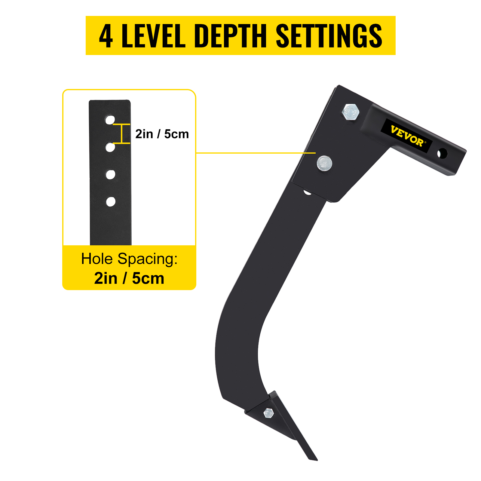 VEVOR hitch mounted ripper with 4 level depth settings and 2in/5cm hole spacing.