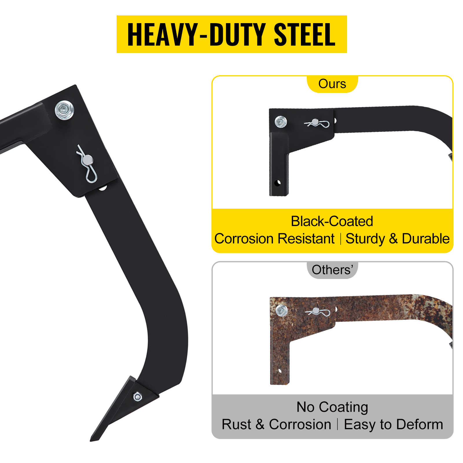 VEVOR hitch mounted ripper: black-coated, rust-resistant vs. rusted uncoated steel