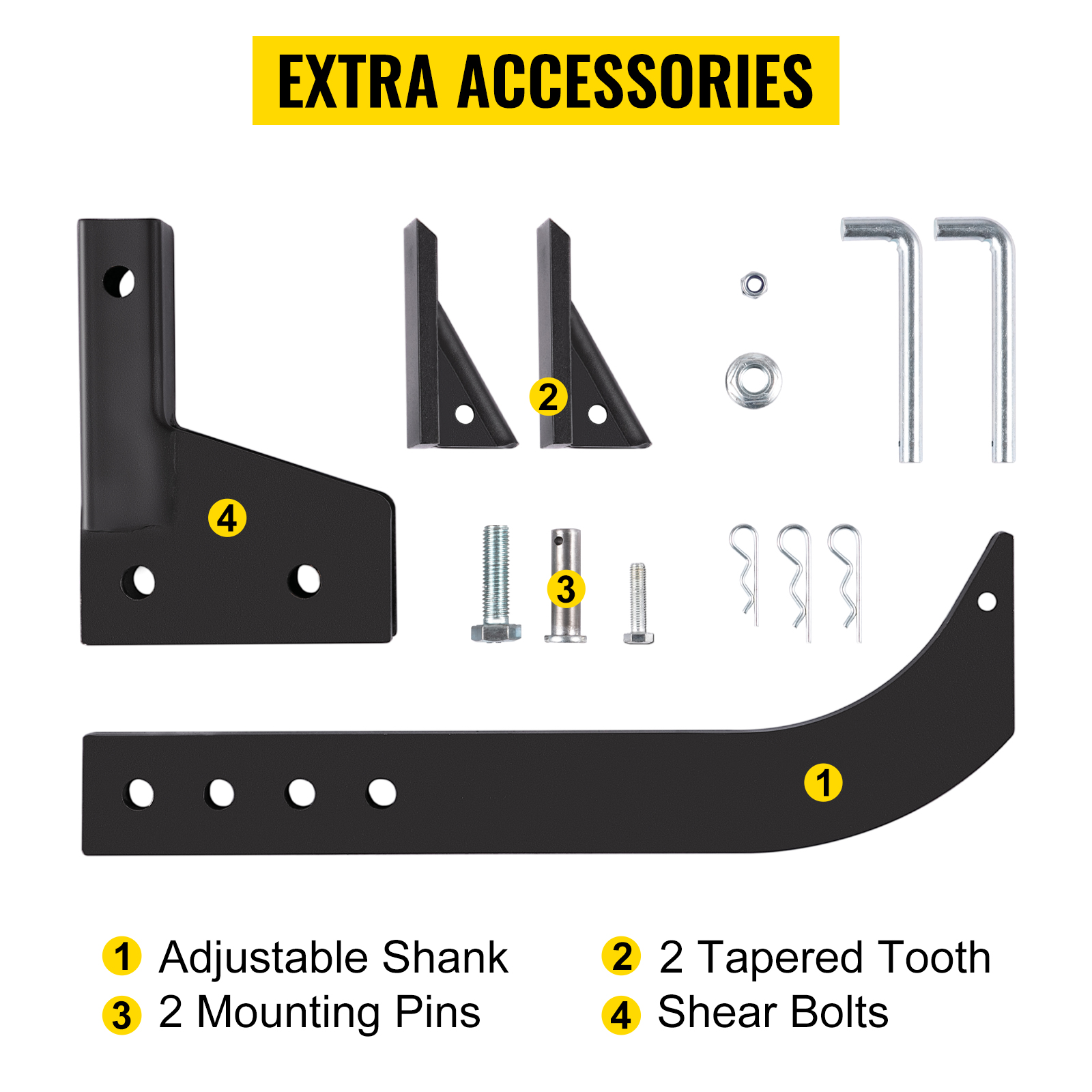 extra accessories for VEVOR hitch mounted ripper: shank, taper tooth, pins, bolts.