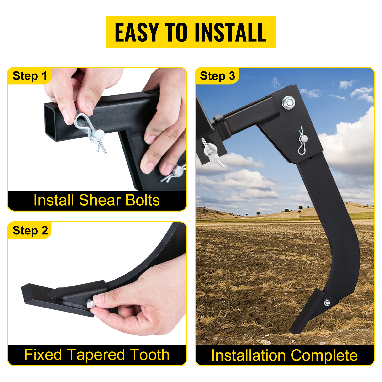 VEVOR hitch mounted ripper installation steps on field.