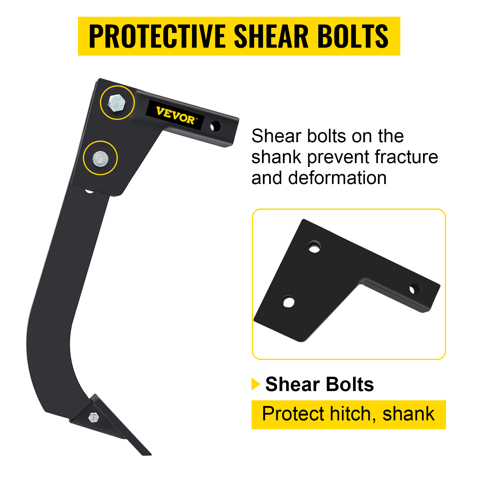 VEVOR hitch mounted ripper with protective shear bolts to prevent fracture and deformation.