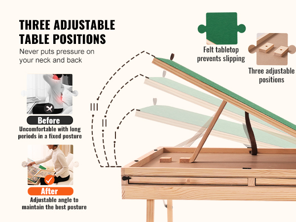 three adjustable table positions on the VEVOR puzzle table showing before and after posture improvements.