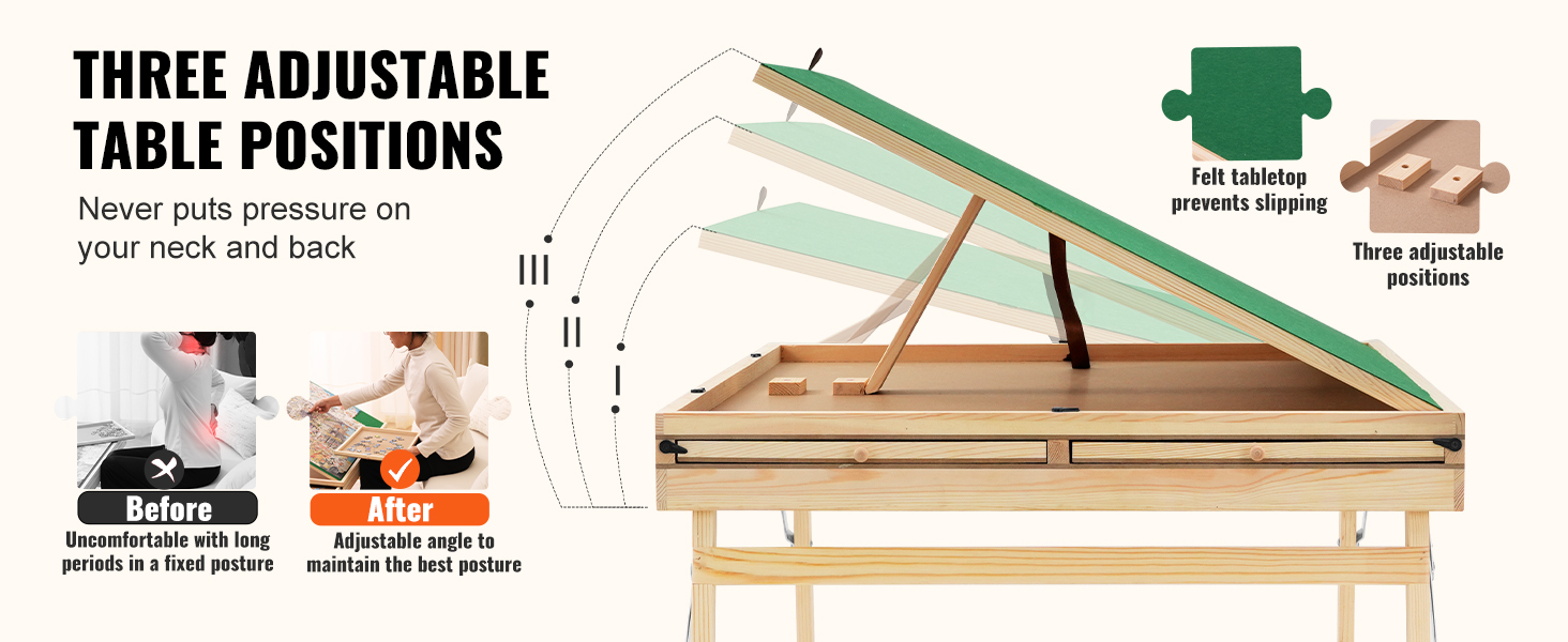 VEVOR puzzle table with three adjustable positions, felt tabletop, and wooden design for improved posture.