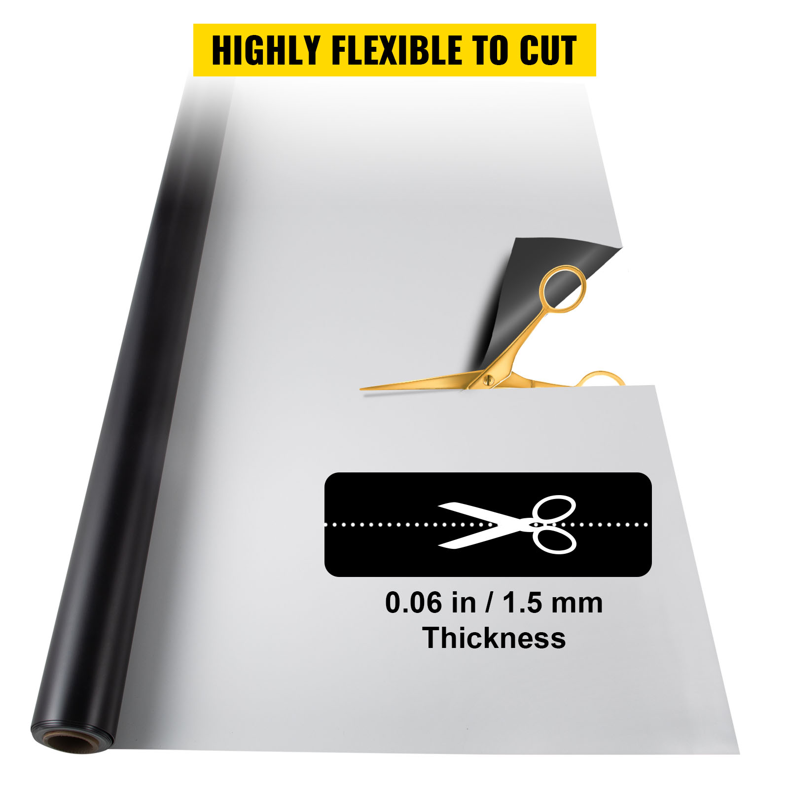 scissors cutting a roll of VEVOR dance floor, showcasing 0.06 in / 1.5 mm thickness.