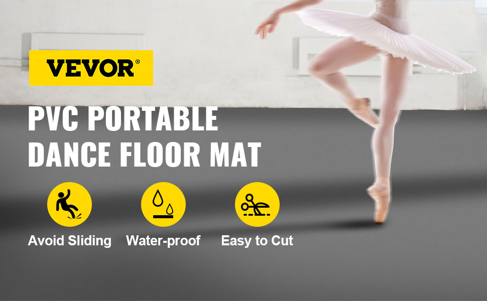 VEVOR dance floor: pvc portable mat, avoid sliding, waterproof, easy to cut.