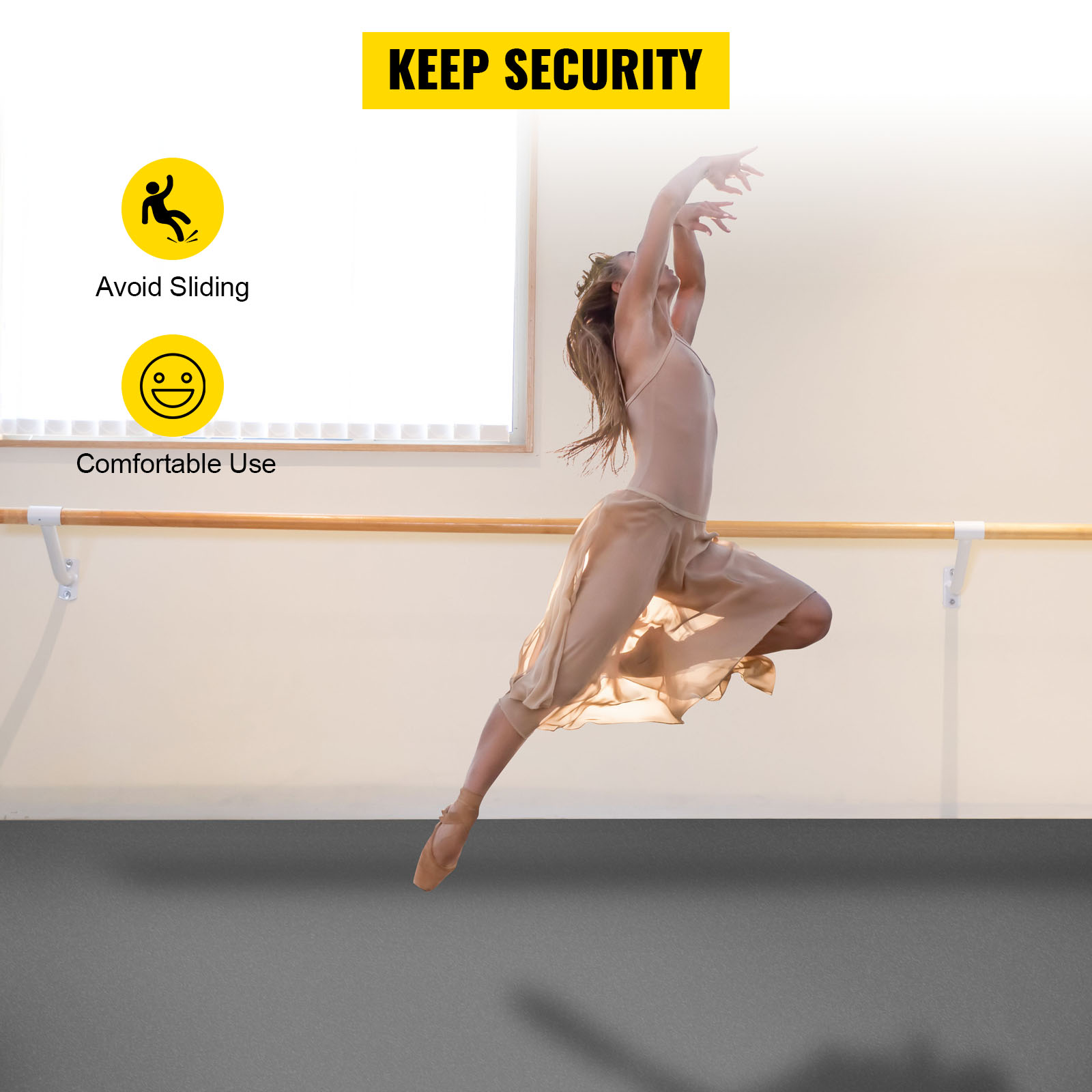 ballet dancer in mid-air on VEVOR dance floor with bar, safety message.