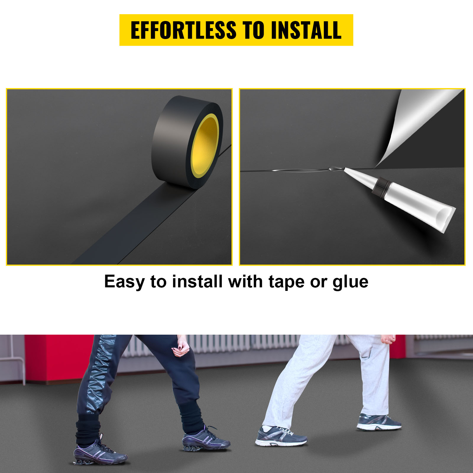 VEVOR dance floor; easy installation with tape or glue, two people walking on it.