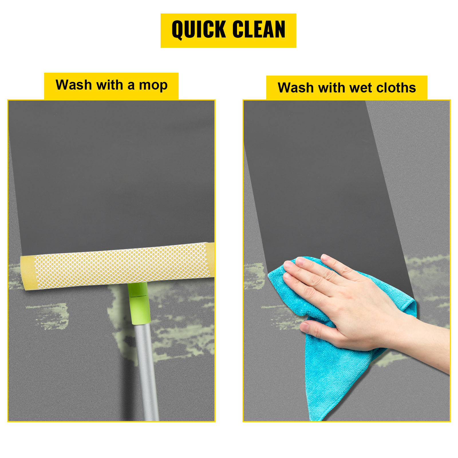quick clean tips for VEVOR dance floor using a mop and wet cloths.