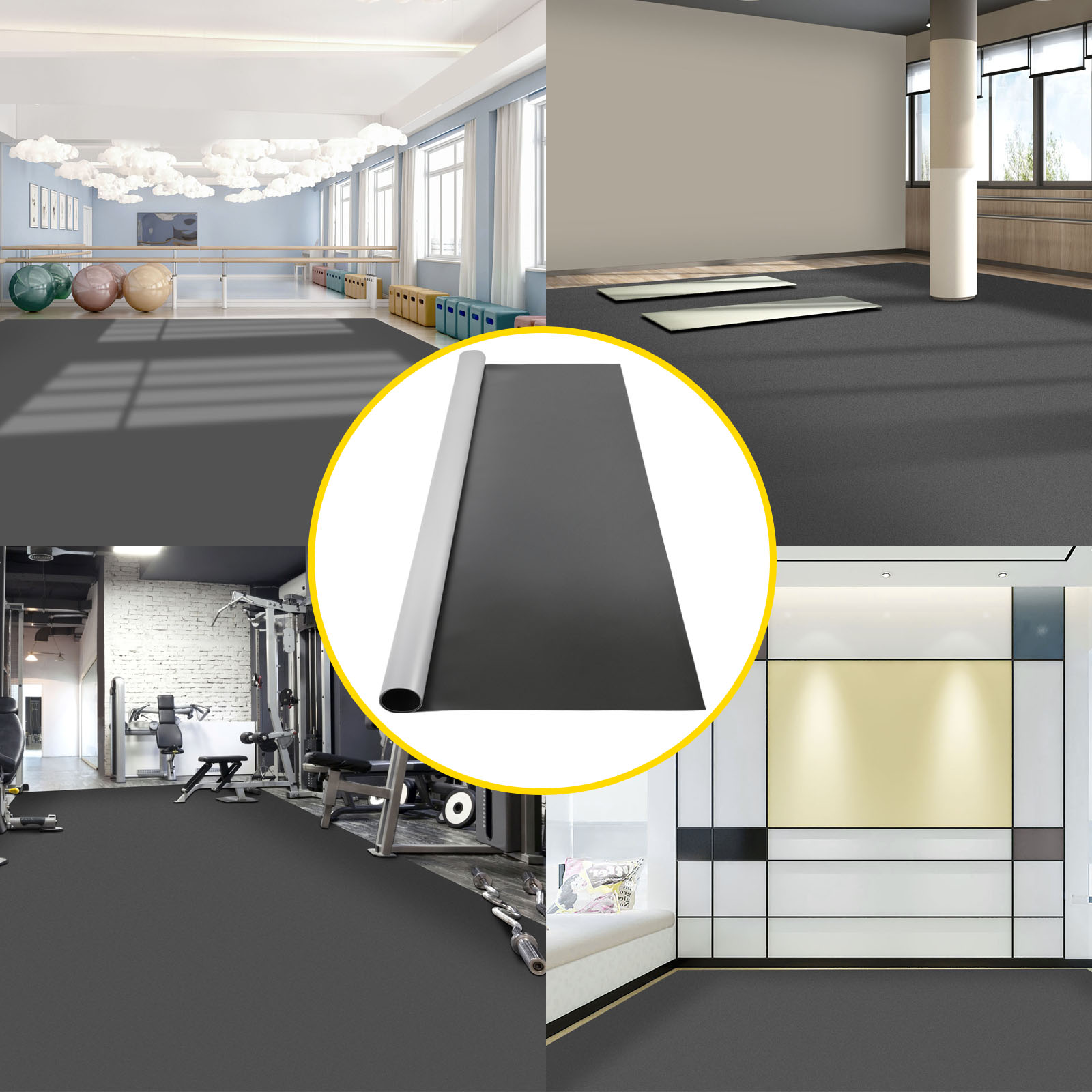 VEVOR dance floor in various settings including gym, studio, and home gym.