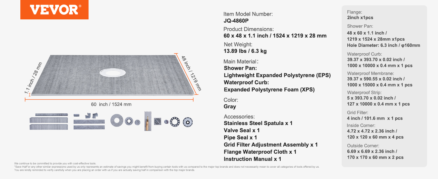 VEVOR gray shower pan kit with included accessories and detailed product specifications.