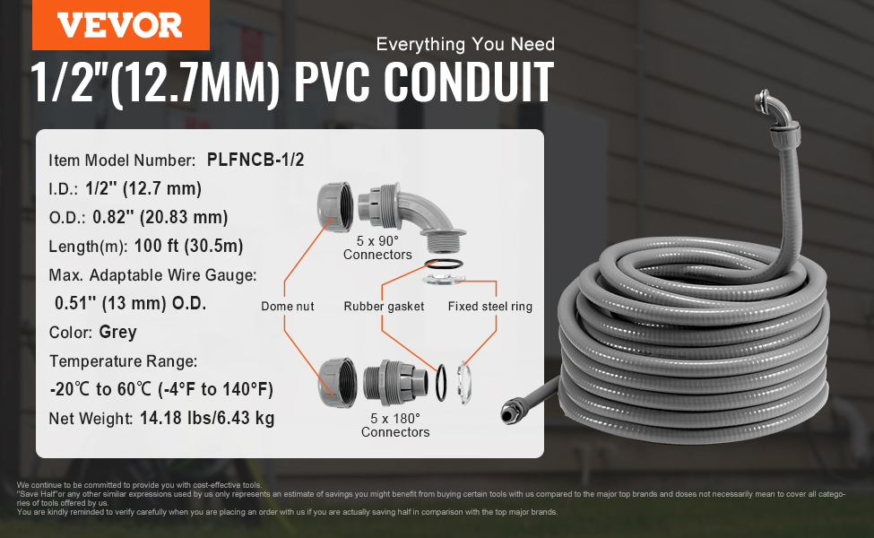 VEVOR flexible electrical conduit 1/2" pvc, 100ft length, grey, connectors, and specifications.