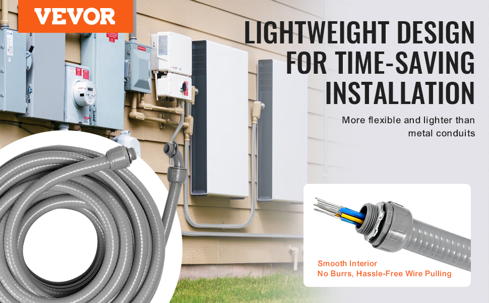 VEVOR flexible electrical conduit for lightweight, time-saving installation, more flexible than metal conduits.