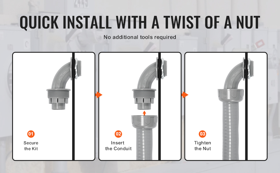 quick installation steps for VEVOR flexible electrical conduit: secure kit, insert conduit, tighten nut.