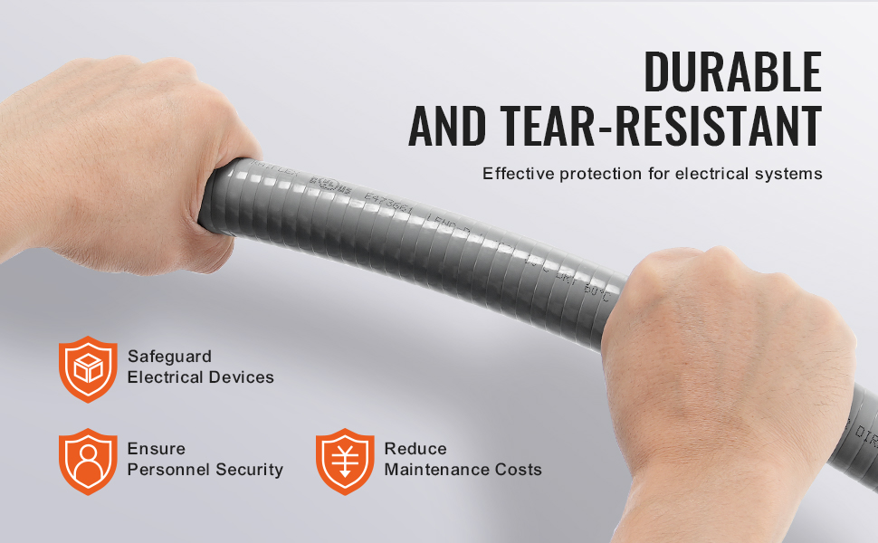 hands flexing VEVOR flexible electrical conduit, showcasing durability and tear-resistance for electrical systems.
