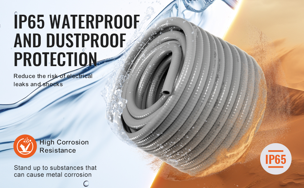 VEVOR flexible electrical conduit with ip65 waterproof and dustproof protection displayed alongside water and dust.