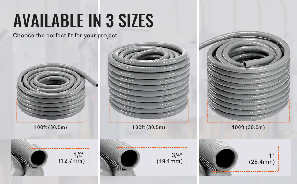 VEVOR flexible electrical conduit available in 1/2", 3/4", and 1" sizes, 100ft (30.5m) length each.