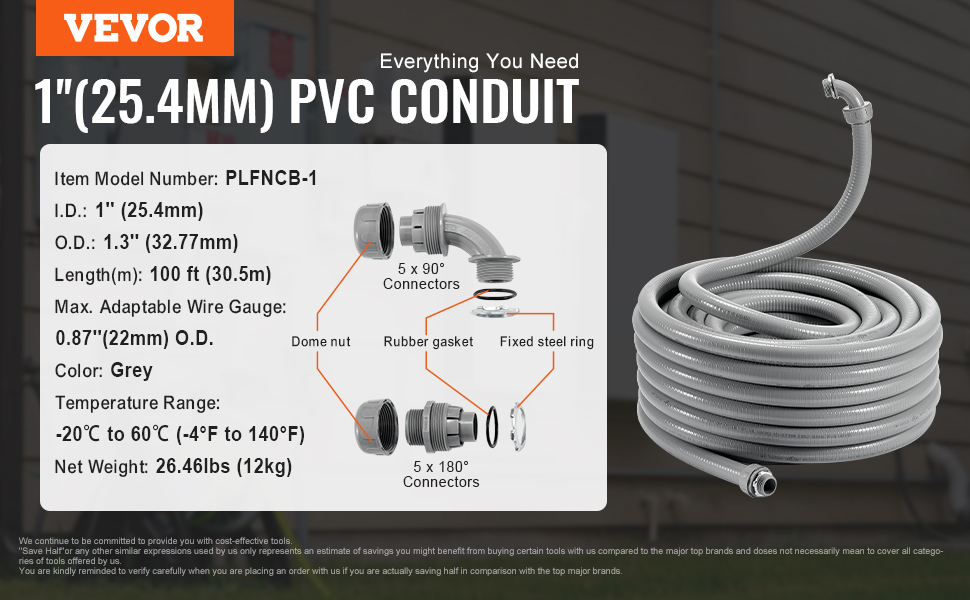 VEVOR pvc liquid-tight conduit, 1'' (25.4mm) id, 1.3'' (32.77mm) od, 100 ft length, grey color, connectors.